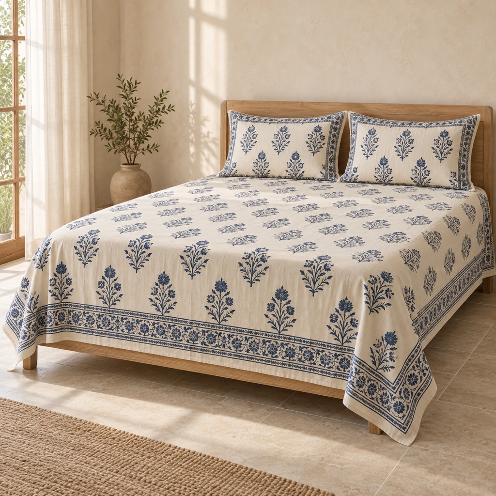 Illustrative indigo and cream hand block print bedsheet design