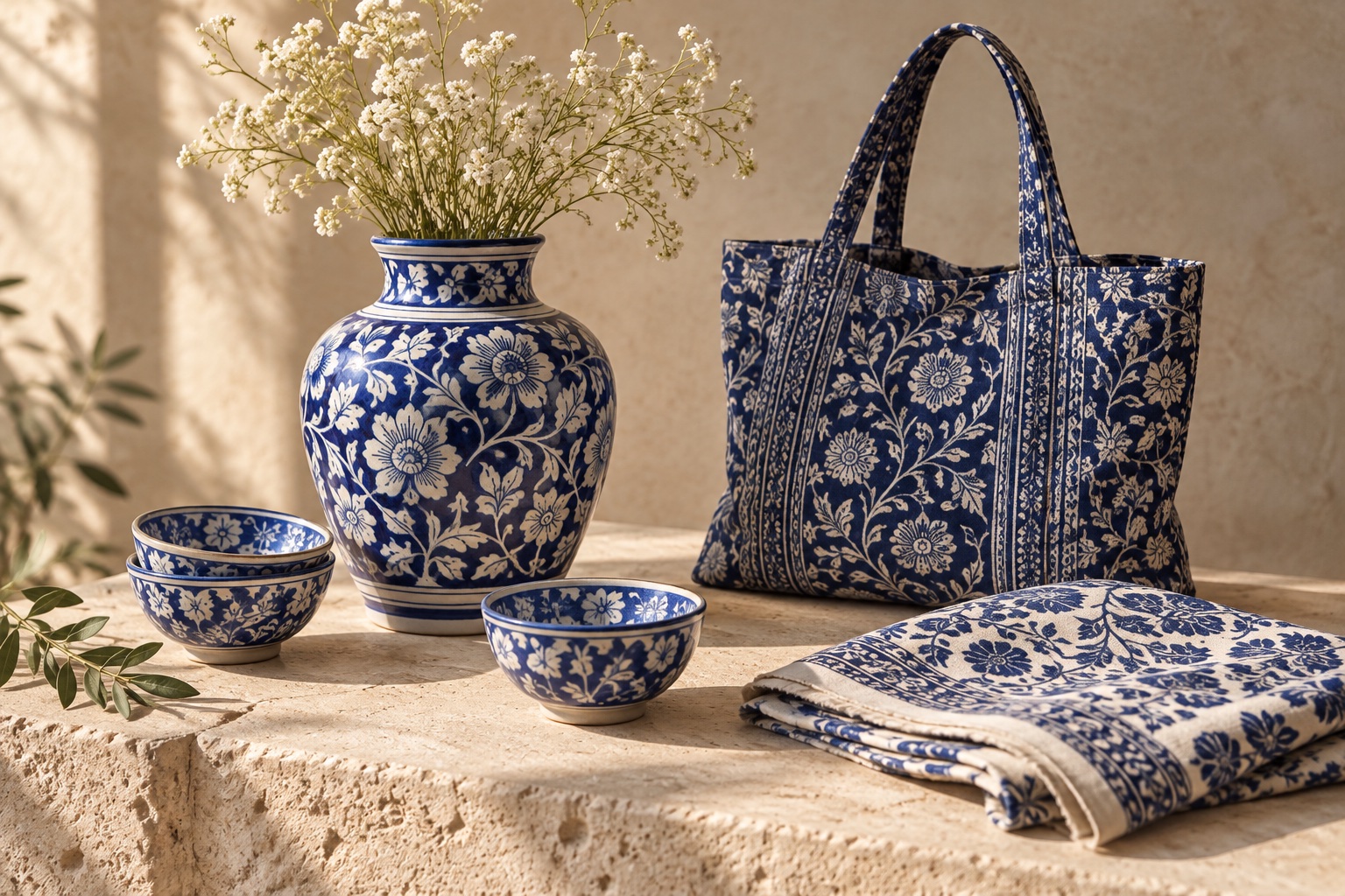 Illustrative still life of blue floral pottery, an indigo printed bag and folded textiles