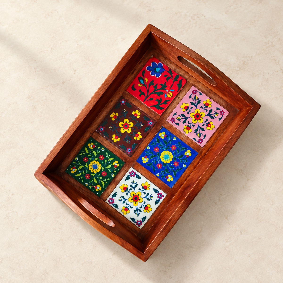 AI-styled product photo: Tile-inlay serving tray