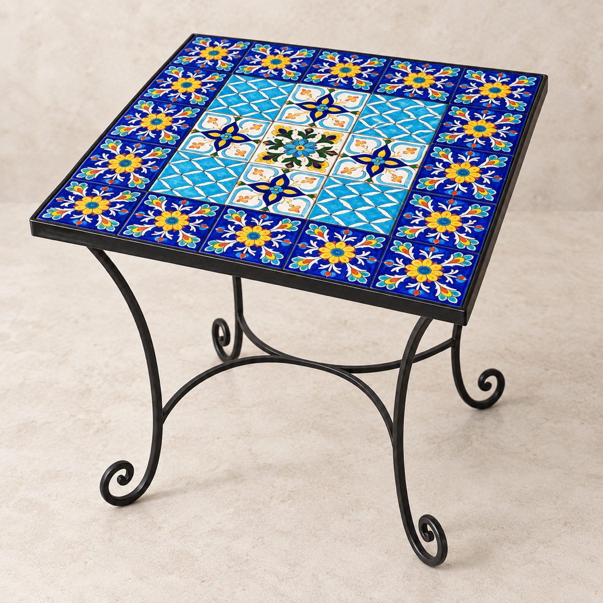 AI-styled product photo: Tile-inlay side table