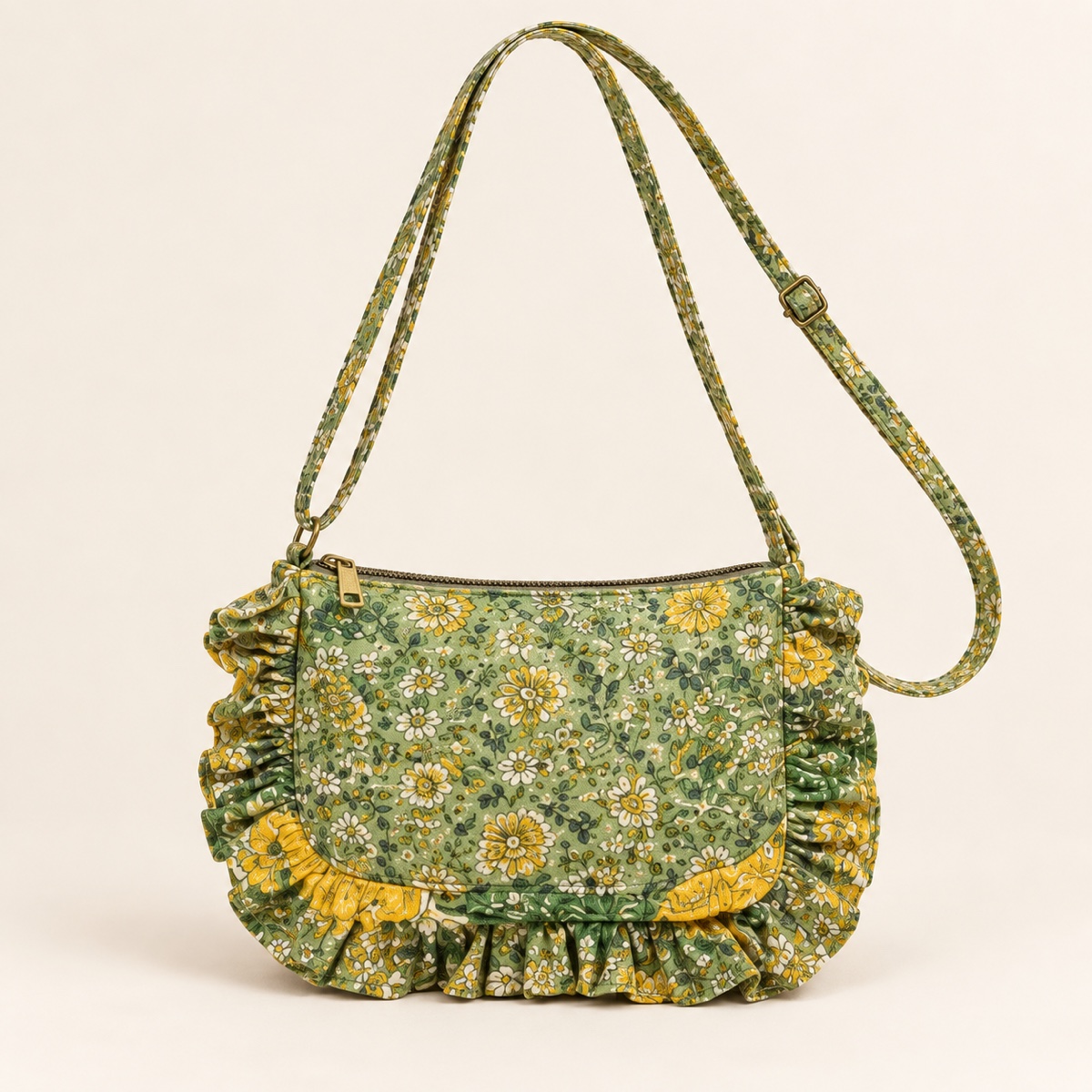 AI-styled product photo: Frill sling bag — green