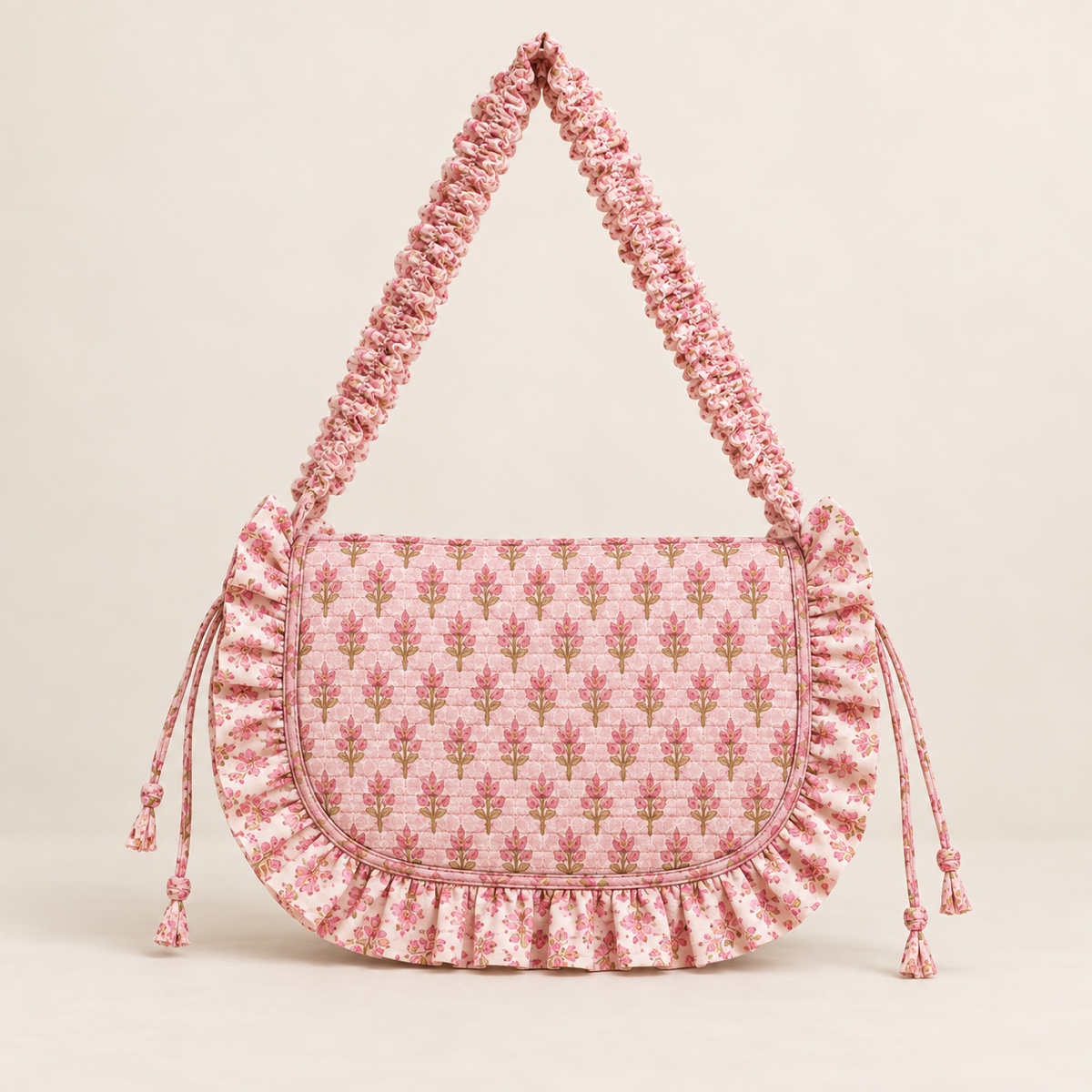 AI-styled product photo: Frill sling bag — pink