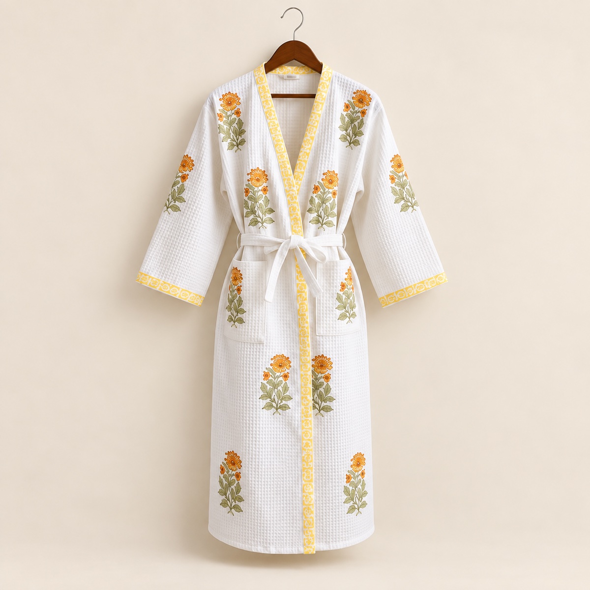 AI-styled product photo: Waffle cotton bathrobes